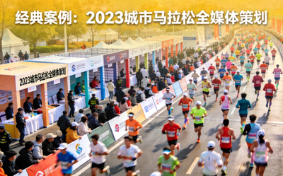 经典案例：2023城市马拉松全媒体策划 - 活动现场人潮涌动，品牌展示区与跑步队伍